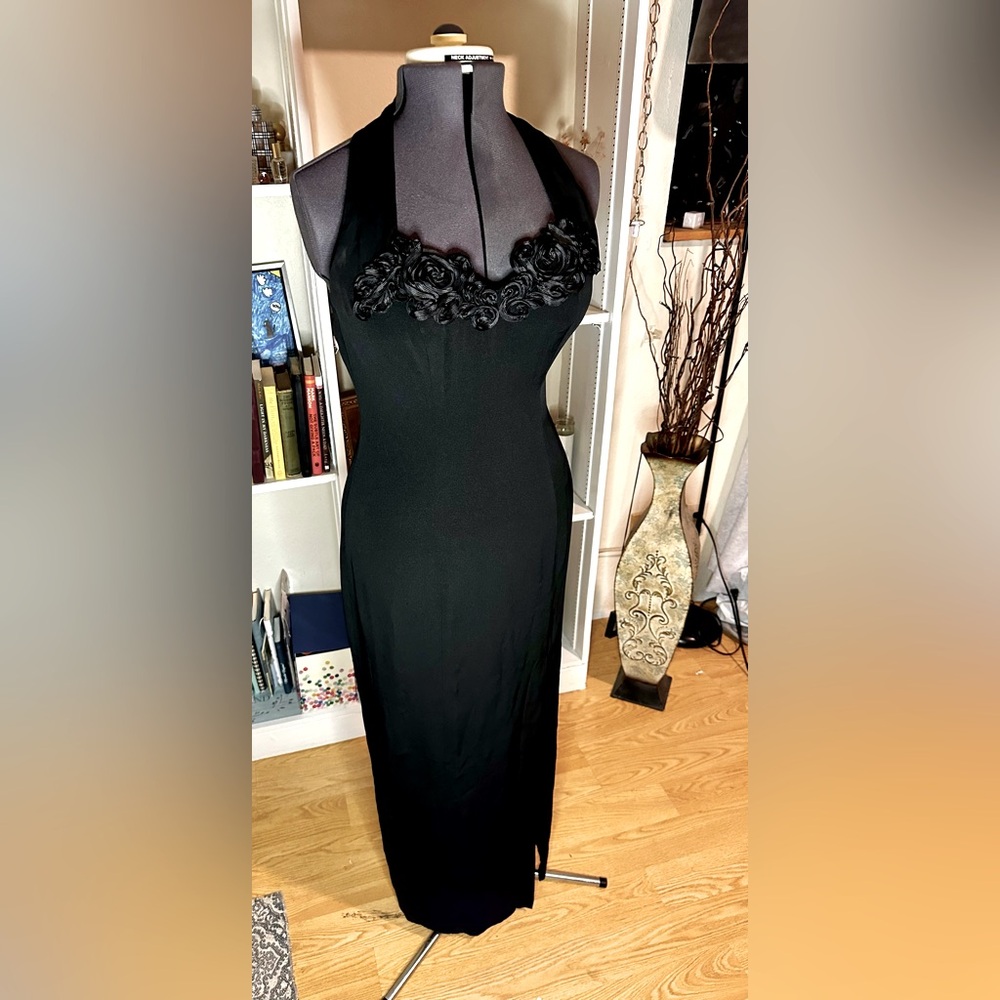 1990’s BB Collections Black Formal Dress Size 10- Rosettes, Sexy Side Slit, Prom